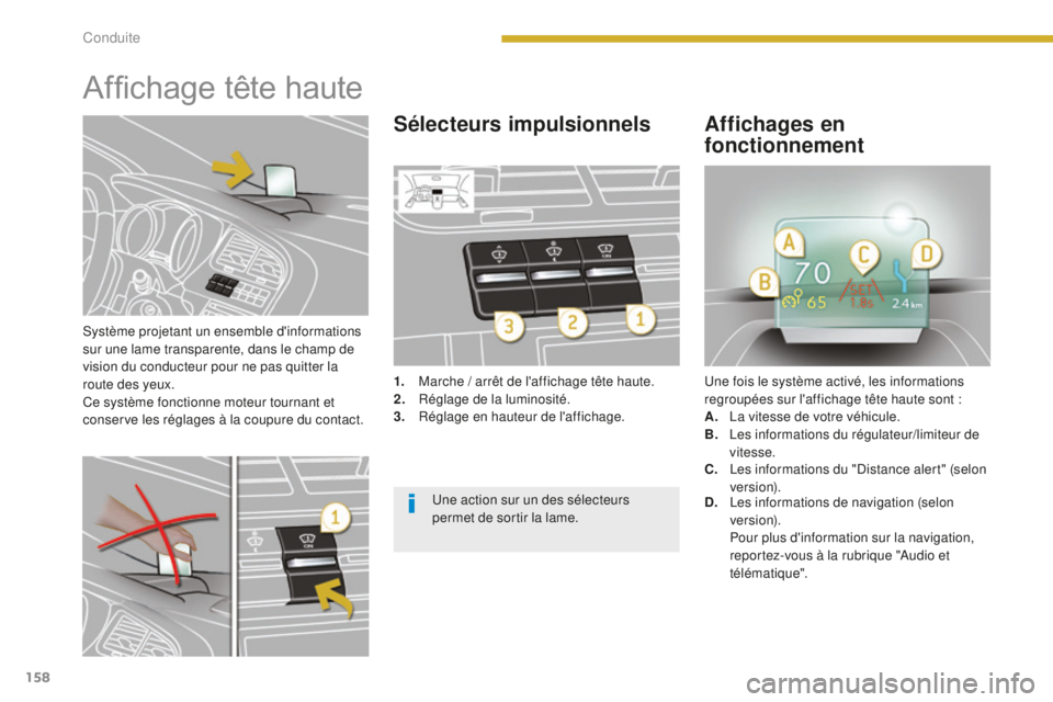 PEUGEOT 5008 2016  Manuel du propriétaire (in French) 158
Système projetant un ensemble d'informations 
sur une lame transparente, dans le champ de 
vision du conducteur pour ne pas quitter la 
route des yeux.
Ce système fonctionne moteur tournant 