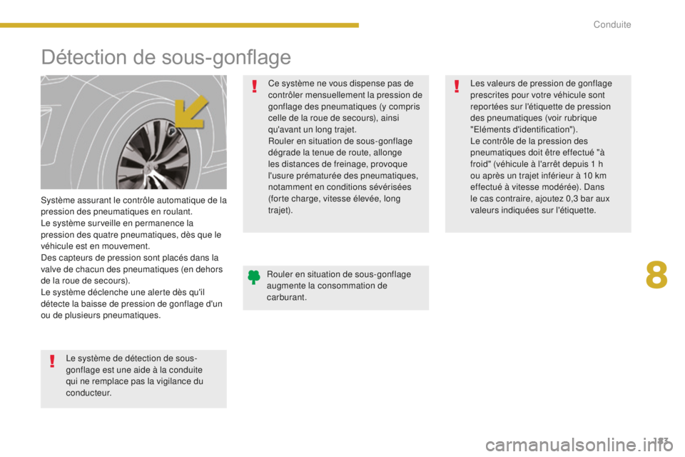PEUGEOT 5008 2016  Manuel du propriétaire (in French) 183
Détection de sous-gonflage
Système assurant le contrôle automatique de la 
pression des pneumatiques en roulant.
Le système surveille en permanence la 
pression des quatre pneumatiques, dès q