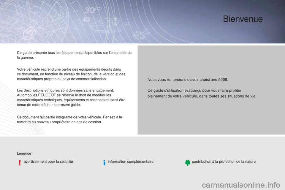 PEUGEOT 5008 2016 Manuel du propriétaire (in French) Bienvenue
Légendeavertissement pour la sécurité information complémentairecontribution à la protection de la nature
Nous vous remercions d'avoir choisi une 5008.
Ce guide présente tous les à PEUGEOT 5008 2016 Manuel du propriétaire (in French) Bienvenue
Légendeavertissement pour la sécurité information complémentairecontribution à la protection de la nature
Nous vous remercions d'avoir choisi une 5008.
Ce guide présente tous les Ã