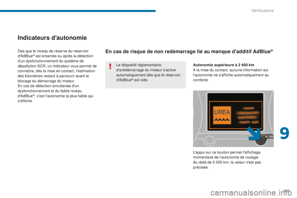 PEUGEOT 5008 2016  Manuel du propriétaire (in French) 205
Indicateurs d'autonomie
Le dispositif réglementaire 
d'antidémarrage du moteur s'active 
automatiquement dès que le réservoir 
d'AdBlue
® est vide.
Dès que le niveau de rése
