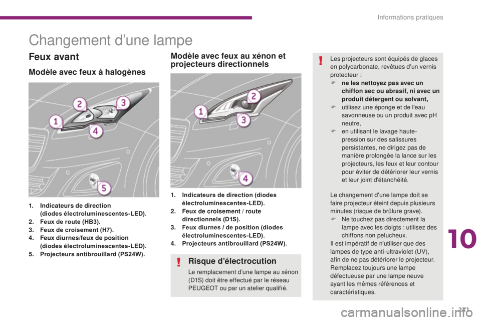 PEUGEOT 5008 2016  Manuel du propriétaire (in French) 231
Changement d’une lampe
Modèle avec feux à halogènes
1. Indicateurs de direction (diodes électroluminescentes-LED).
2.
 F

eux de route (HB3).
3.
 F

eux de croisement (H7).
4.
 F

eux diurne