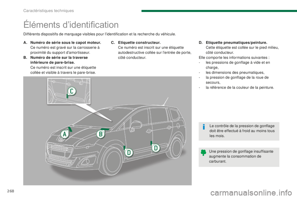 PEUGEOT 5008 2016  Manuel du propriétaire (in French) 268
Éléments d’identification
A. Numéro de série sous le capot moteur.  Ce numéro est gravé sur la carrosserie à 
proximité du support d’amortisseur.
B.
 N

uméro de série sur la travers