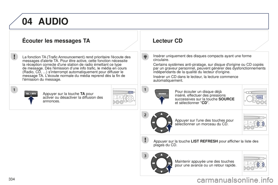 PEUGEOT 5008 2016 Manuel du propriétaire (in French) 04
334
AUDIO
Insérer uniquement des disques compacts ayant une forme
circulaire.
Certains systèmes anti-piratage, sur disque d'origine ou CD copiés\
par un graveur personnel, peuvent génér PEUGEOT 5008 2016 Manuel du propriétaire (in French) 04
334
AUDIO
Insérer uniquement des disques compacts ayant une forme
circulaire.
Certains systèmes anti-piratage, sur disque d'origine ou CD copiés\
par un graveur personnel, peuvent génér