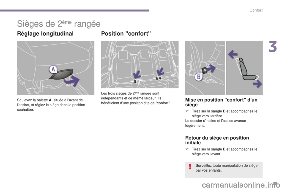 PEUGEOT 5008 2016  Manuel du propriétaire (in French) 73
Sièges de 2ème rangée
Réglage longitudinal
Soulevez la palette A, située à l’avant de 
l’assise, et réglez le siège dans la position 
souhaitée.
Position "confort"
Les trois si