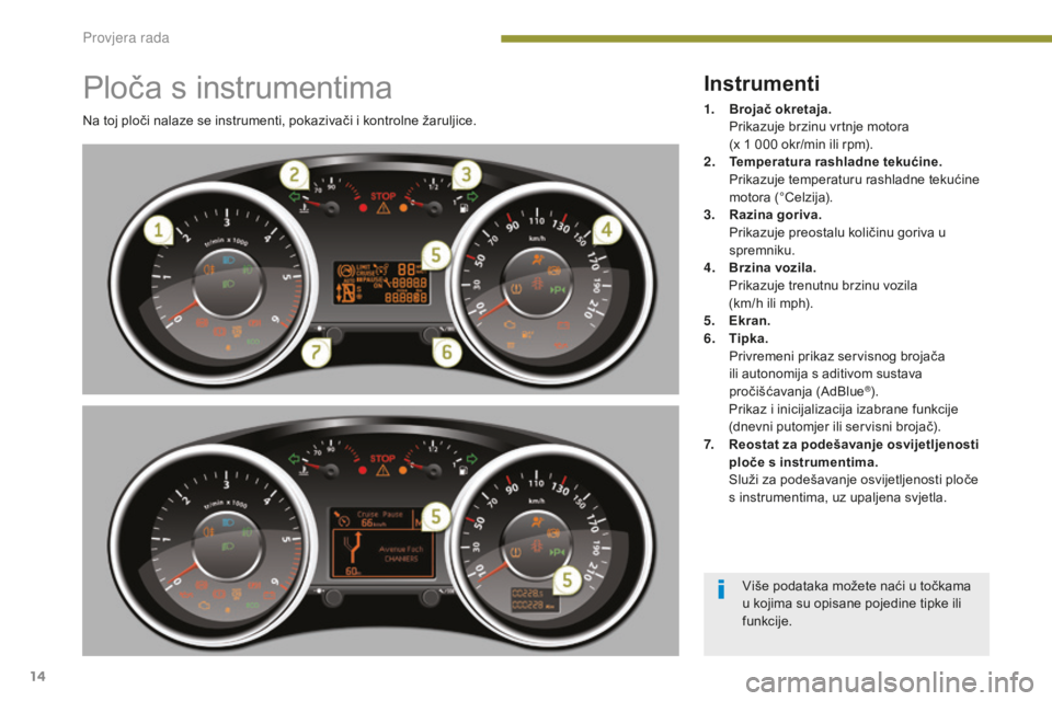 PEUGEOT 5008 2016 Upute Za Rukovanje (in Croatian) 14
5008_hr_Chap01_controle-marche_ed01-2015
Ploča s instrumentima
Na toj ploči nalaze se instrumenti, pokazivači i kontrolne žaruljice.
Instrumenti
1. Brojač okretaja. P
rikazuje brzinu vrtnje m PEUGEOT 5008 2016 Upute Za Rukovanje (in Croatian) 14
5008_hr_Chap01_controle-marche_ed01-2015
Ploča s instrumentima
Na toj ploči nalaze se instrumenti, pokazivači i kontrolne žaruljice.
Instrumenti
1. Brojač okretaja. P
rikazuje brzinu vrtnje m