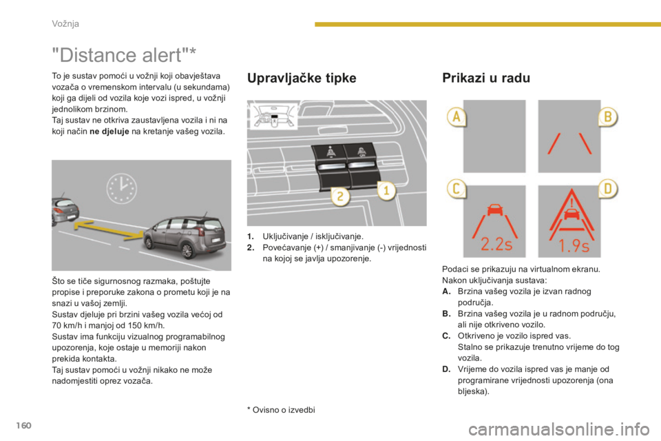 PEUGEOT 5008 2016 Upute Za Rukovanje (in Croatian) 160
5008_hr_Chap08_conduite_ed01-2015
"Distance alert"*
Što se tiče sigurnosnog razmaka, poštujte
propise i preporuke zakona o prometu koji je na
snazi u vašoj zemlji.
Sustav djeluje pri PEUGEOT 5008 2016 Upute Za Rukovanje (in Croatian) 160
5008_hr_Chap08_conduite_ed01-2015
"Distance alert"*
Što se tiče sigurnosnog razmaka, poštujte
propise i preporuke zakona o prometu koji je na
snazi u vašoj zemlji.
Sustav djeluje pri