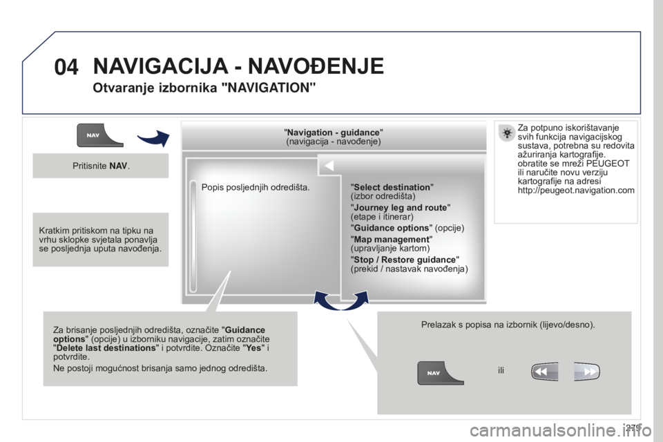 PEUGEOT 5008 2016  Upute Za Rukovanje (in Croatian) 04
279
5008_hr_Chap12b_RT6-2-8_ed01-2015
Popis posljednjih odredišta."Navigation - guidance
"  
(navigacija - navođenje)
Za brisanje posljednjih odredišta, označite " Guidance 
options