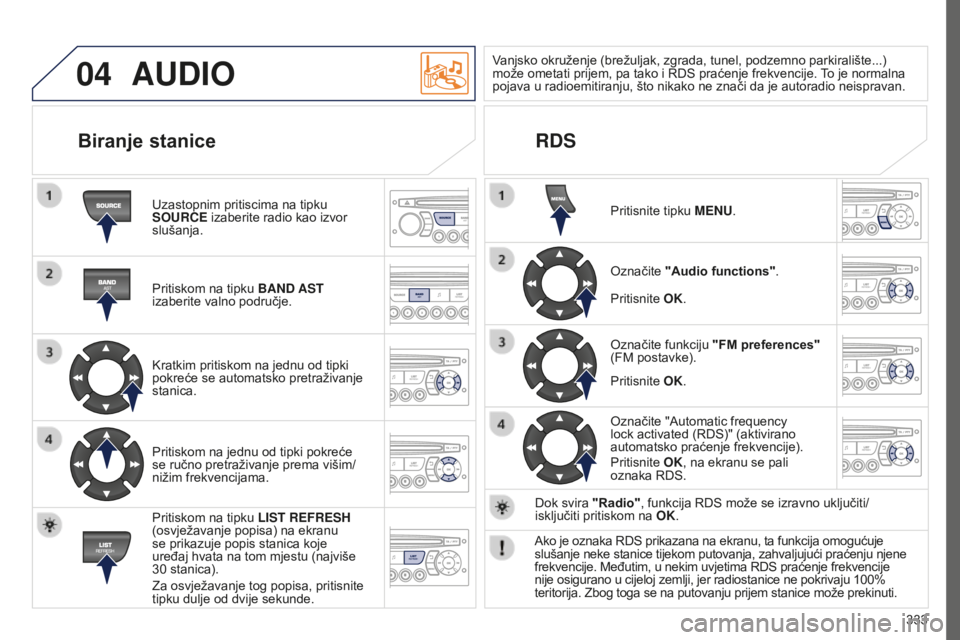 PEUGEOT 5008 2016 Upute Za Rukovanje (in Croatian) 04
333
5008_HR_CHAP12C_RD45_ED01_2015
AUDIO
Uzastopnim pritiscima na tipku
SOURCE izaberite radio kao izvor
slušanja.
Pritiskom na tipku BAND AST
izaberite valno područje.
Kratkim pritiskom na je PEUGEOT 5008 2016 Upute Za Rukovanje (in Croatian) 04
333
5008_HR_CHAP12C_RD45_ED01_2015
AUDIO
Uzastopnim pritiscima na tipku
SOURCE izaberite radio kao izvor
slušanja.
Pritiskom na tipku BAND AST
izaberite valno područje.
Kratkim pritiskom na je