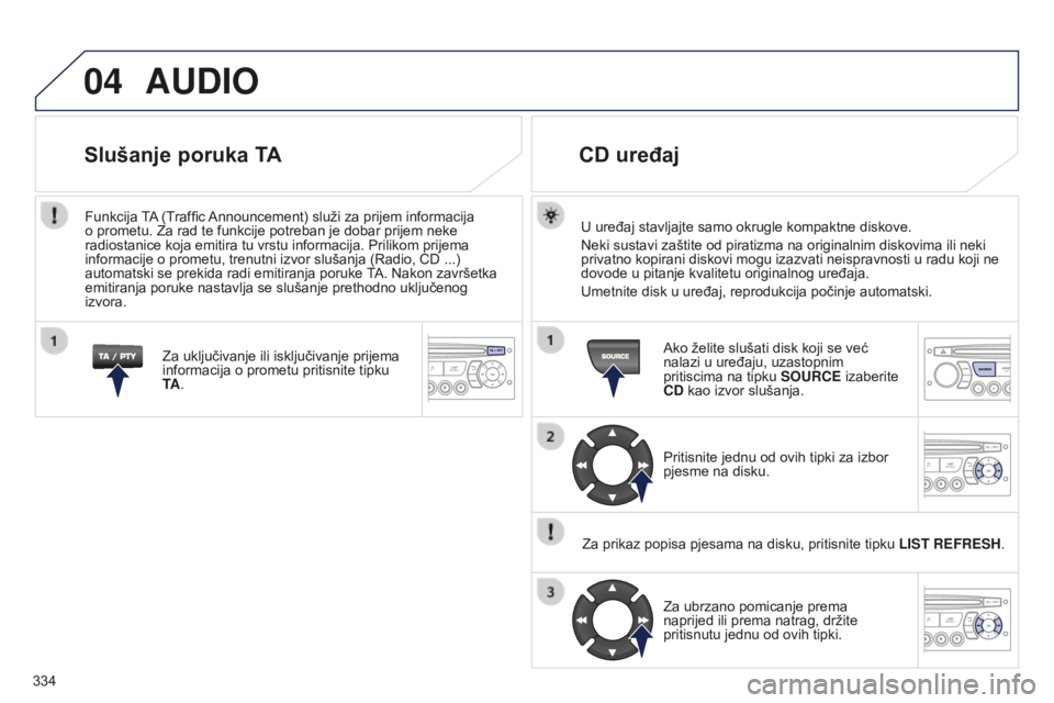 PEUGEOT 5008 2016 Upute Za Rukovanje (in Croatian) 04
334
5008_HR_CHAP12C_RD45_ED01_2015
AUDIO
U uređaj stavljajte samo okrugle kompaktne diskove.
Neki sustavi zaštite od piratizma na originalnim diskovima ili neki
privatno kopirani diskovi mogu iz PEUGEOT 5008 2016 Upute Za Rukovanje (in Croatian) 04
334
5008_HR_CHAP12C_RD45_ED01_2015
AUDIO
U uređaj stavljajte samo okrugle kompaktne diskove.
Neki sustavi zaštite od piratizma na originalnim diskovima ili neki
privatno kopirani diskovi mogu iz