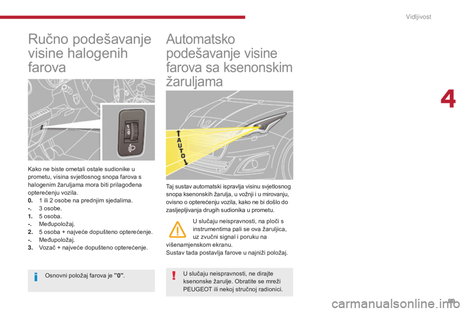 PEUGEOT 5008 2016  Upute Za Rukovanje (in Croatian) 89
5008_hr_Chap04_visibilite_ed01-2015
Ručno podešavanje 
visine halogenih 
farova
Kako ne biste ometali ostale sudionike u 
prometu, visina svjetlosnog snopa farova s 
halogenim žaruljama mora bit