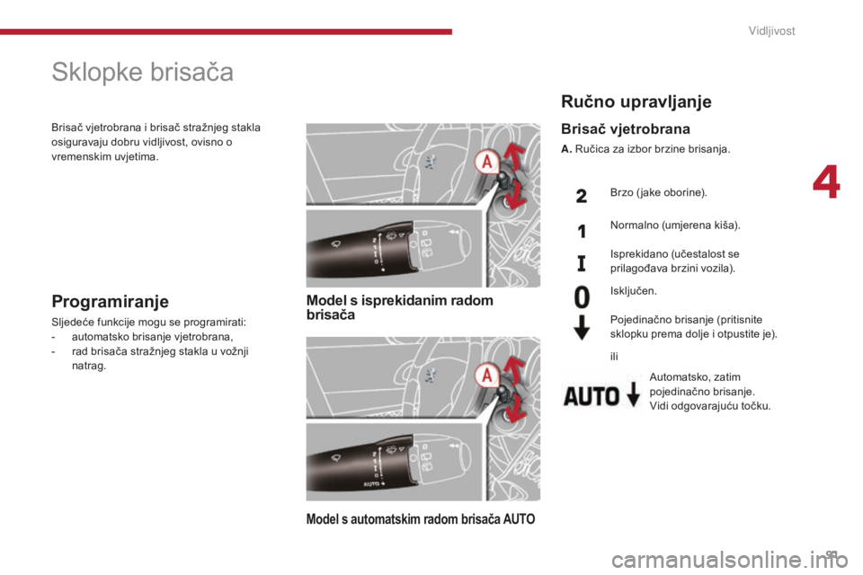 PEUGEOT 5008 2016  Upute Za Rukovanje (in Croatian) 91
5008_hr_Chap04_visibilite_ed01-2015
Sklopke brisača
Model s isprekidanim radom 
brisača
Model s automatskim radom brisača AUTO
Programiranje
Sljedeće funkcije mogu se programirati:
- a utomatsk