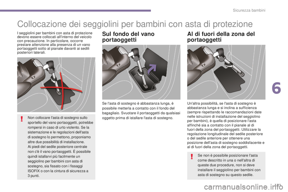 PEUGEOT 5008 2016  Manuale duso (in Italian) 121
5008_it_Chap06_securite-enfants_ed01-2015
Collocazione dei seggiolini per bambini con asta di protezione
Se l'asta di sostegno è abbastanza lunga, è 
possibile metterla a contatto con il fon