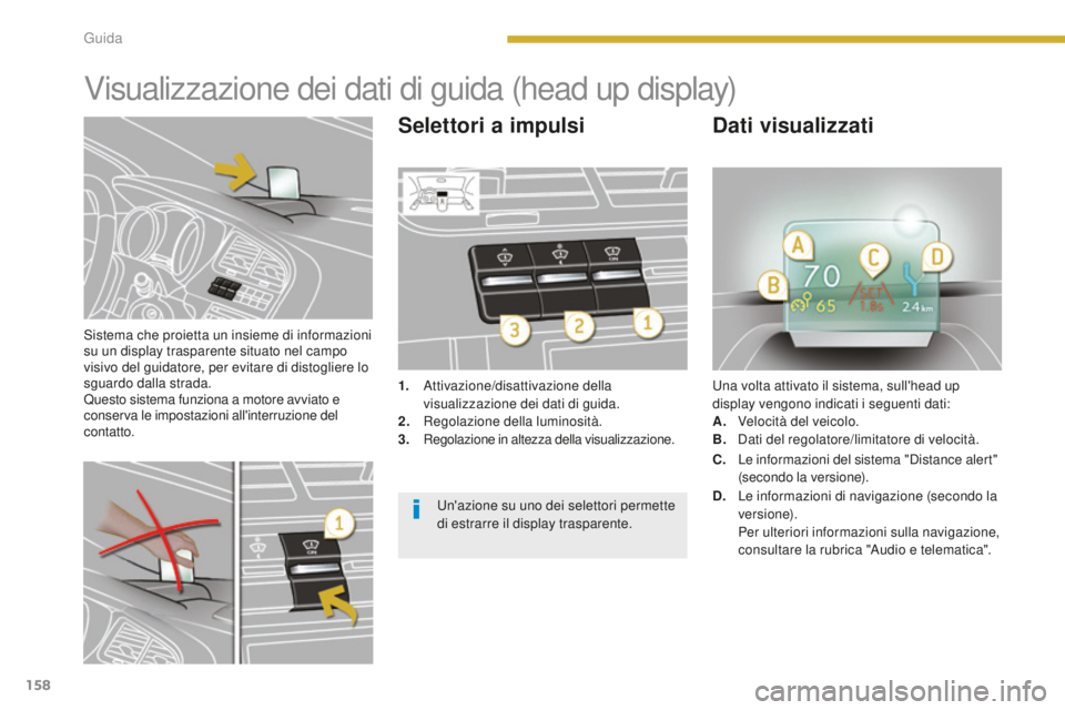 PEUGEOT 5008 2016  Manuale duso (in Italian) 158
5008_it_Chap08_conduite_ed01-2015
Sistema che proietta un insieme di informazioni 
su un display trasparente situato nel campo 
visivo del guidatore, per evitare di distogliere lo 
sguardo dalla s