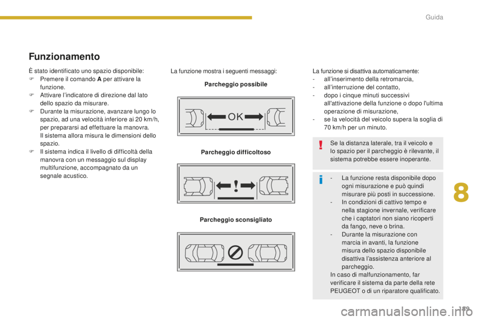 PEUGEOT 5008 2016  Manuale duso (in Italian) 189
5008_it_Chap08_conduite_ed01-2015
Funzionamento
La funzione mostra i seguenti messaggi:Parcheggio possibile
Parcheggio difficoltoso
Parcheggio sconsigliato La funzione si disattiva automaticamente