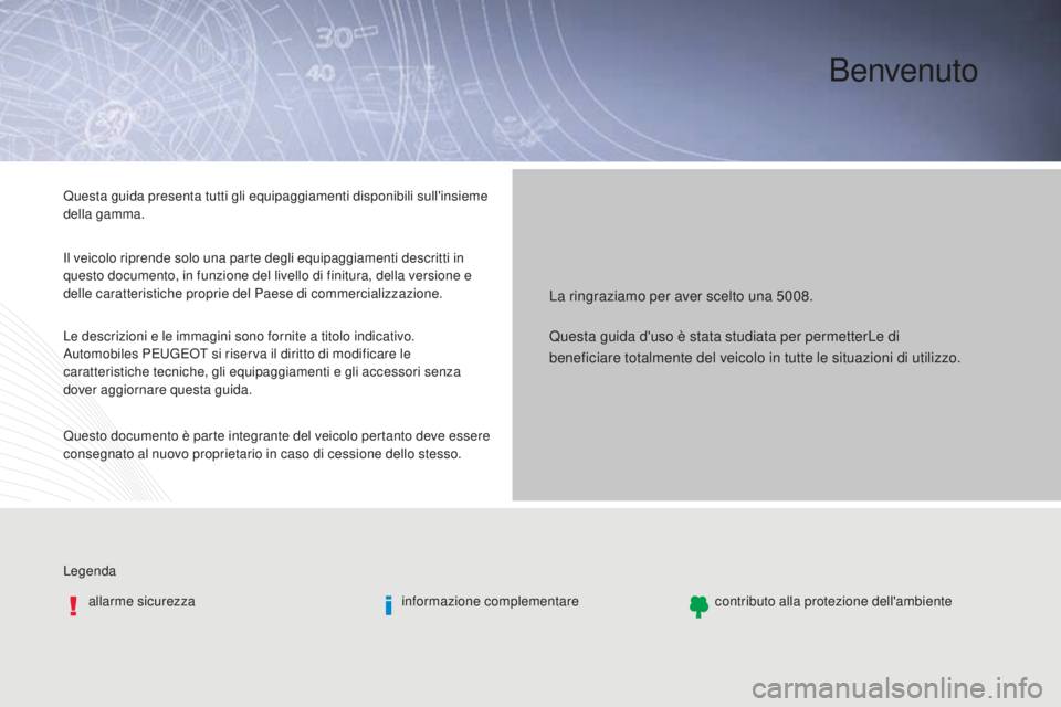 PEUGEOT 5008 2016 Manuale duso (in Italian) Benvenuto
Legendaallarme sicurezza informazione complementarecontributo alla protezione dell'ambiente
La ringraziamo per aver scelto una 5008.
Questa guida presenta tutti gli equipaggiamenti dispo PEUGEOT 5008 2016 Manuale duso (in Italian) Benvenuto
Legendaallarme sicurezza informazione complementarecontributo alla protezione dell'ambiente
La ringraziamo per aver scelto una 5008.
Questa guida presenta tutti gli equipaggiamenti dispo