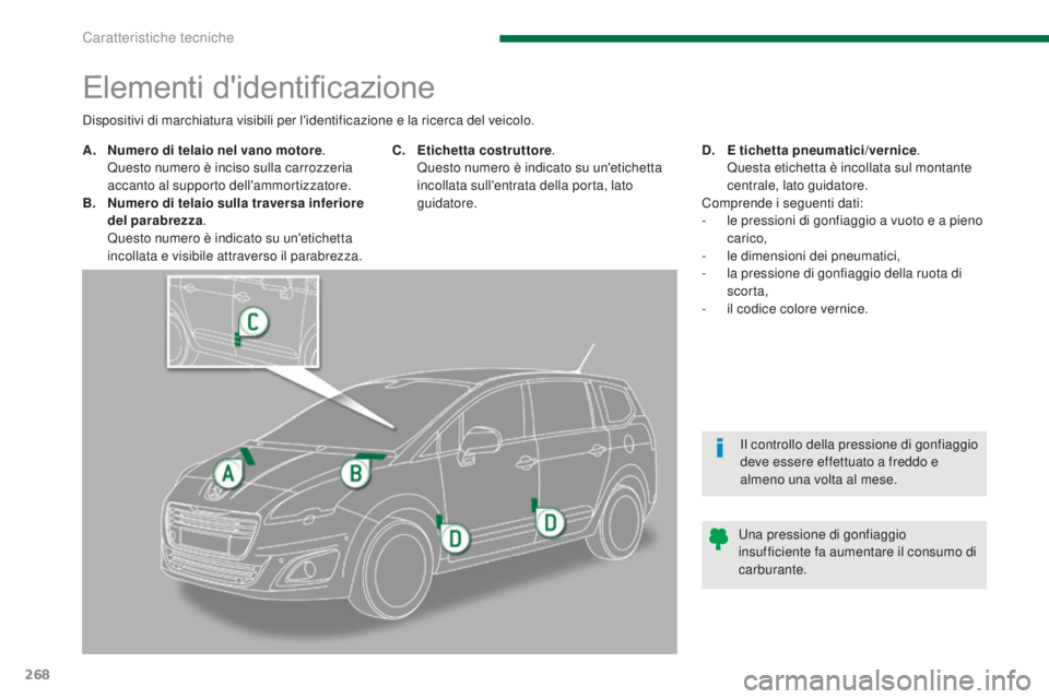 PEUGEOT 5008 2016  Manuale duso (in Italian) 268
5008_it_Chap11_caracteristiques_ed01-2015
Elementi d'identificazione
A. Numero di telaio nel vano motore. Q
uesto numero è inciso sulla carrozzeria 
accanto al supporto dell'ammortizzator
