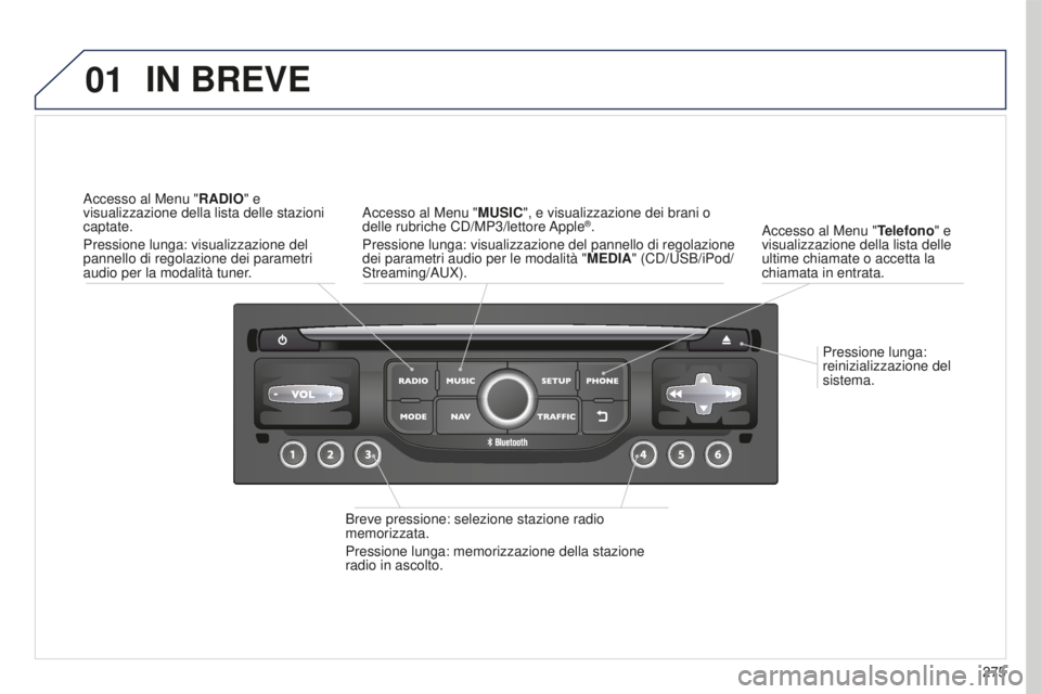 PEUGEOT 5008 2016  Manuale duso (in Italian) 01
275
5008_it_Chap12b_RT6-2-8_ed01-2015
Pressione lunga: 
reinizializzazione del 
sistema.
Accesso al Menu "
Telefono" e 
visualizzazione della lista delle 
ultime chiamate o accetta la 
chia