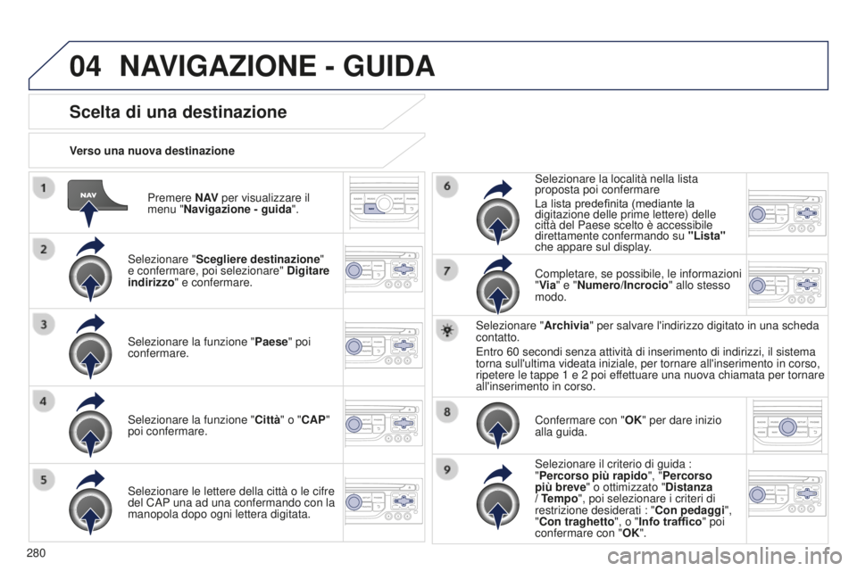 PEUGEOT 5008 2016  Manuale duso (in Italian) 04
280
5008_it_Chap12b_RT6-2-8_ed01-2015
Premere N AV per visualizzare il 
menu "Navigazione - guida ".
Verso una nuova destinazione
Scelta di una destinazione
Selezionare "
Scegliere dest