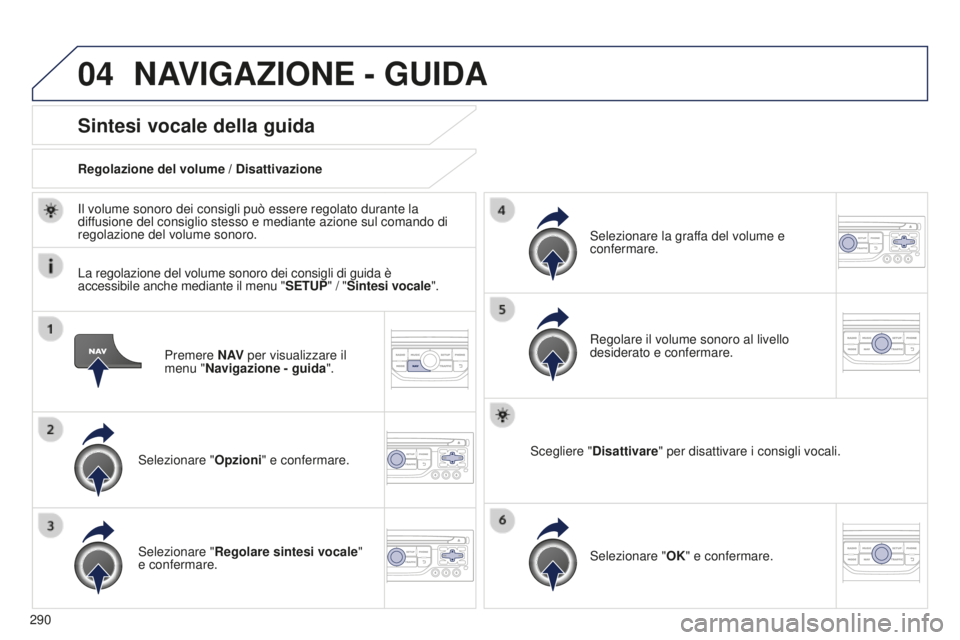 PEUGEOT 5008 2016 Manuale duso (in Italian) 04
290
5008_it_Chap12b_RT6-2-8_ed01-2015
Premere N AV per visualizzare il
menu "Navigazione - guida ".
Sintesi vocale della guida
Selezionare "Opzioni" e confermare.
Regolazione del v PEUGEOT 5008 2016 Manuale duso (in Italian) 04
290
5008_it_Chap12b_RT6-2-8_ed01-2015
Premere N AV per visualizzare il
menu "Navigazione - guida ".
Sintesi vocale della guida
Selezionare "Opzioni" e confermare.
Regolazione del v