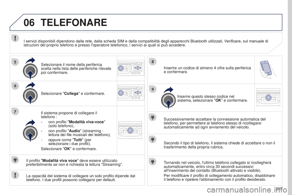 PEUGEOT 5008 2016 Manuale duso (in Italian) 06
297
5008_it_Chap12b_RT6-2-8_ed01-2015
TELEFONARE
Selezionare "Collega" e confermare.
Il sistema propone di collegare il
telefono :
-
con profilo " Modalità viva-voce
"
(solo t PEUGEOT 5008 2016 Manuale duso (in Italian) 06
297
5008_it_Chap12b_RT6-2-8_ed01-2015
TELEFONARE
Selezionare "Collega" e confermare.
Il sistema propone di collegare il
telefono :
-
con profilo " Modalità viva-voce
"
(solo t