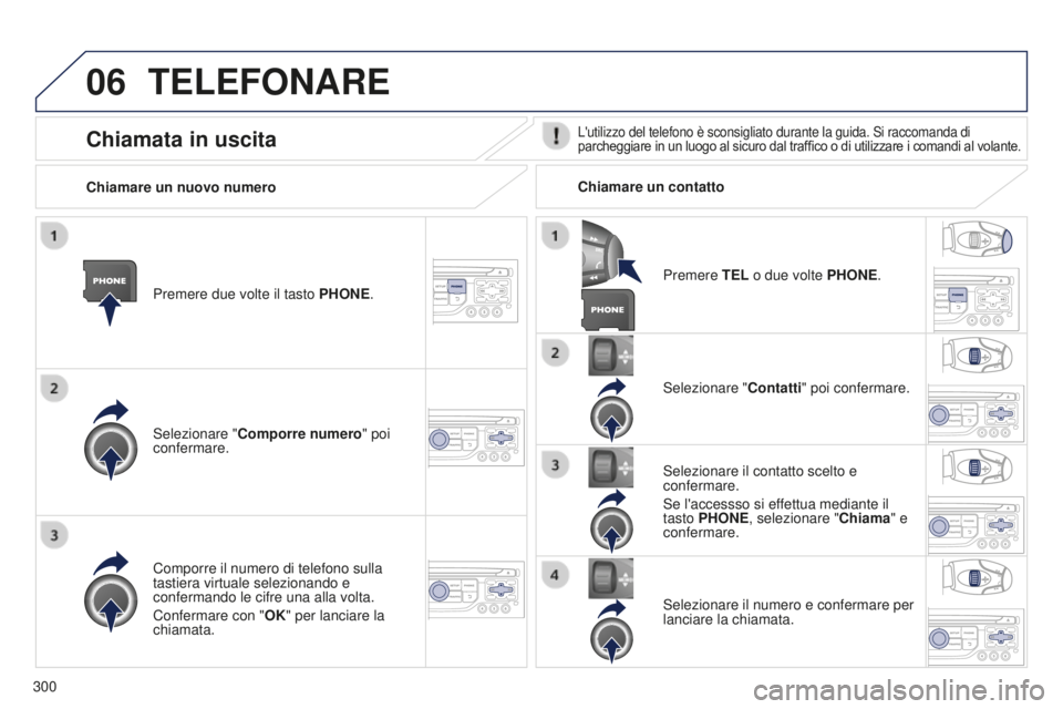 PEUGEOT 5008 2016 Manuale duso (in Italian) 06
300
5008_it_Chap12b_RT6-2-8_ed01-2015
TELEFONARE
Premere due volte il tasto PHONE.
Selezionare " Comporre numero" poi
confermare. Selezionare "
Contatti" poi confermare.
Comporre i PEUGEOT 5008 2016 Manuale duso (in Italian) 06
300
5008_it_Chap12b_RT6-2-8_ed01-2015
TELEFONARE
Premere due volte il tasto PHONE.
Selezionare " Comporre numero" poi
confermare. Selezionare "
Contatti" poi confermare.
Comporre i