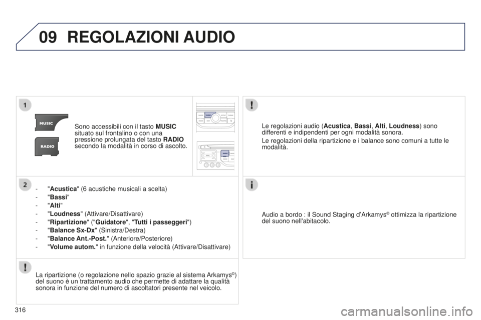 PEUGEOT 5008 2016 Manuale duso (in Italian) 09
316
5008_it_Chap12b_RT6-2-8_ed01-2015
REGOLAZIONI AUDIO
Sono accessibili con il tasto MUSIC
situato sul frontalino o con una
pressione prolungata del tasto RADIO
secondo la modalità in corso d PEUGEOT 5008 2016 Manuale duso (in Italian) 09
316
5008_it_Chap12b_RT6-2-8_ed01-2015
REGOLAZIONI AUDIO
Sono accessibili con il tasto MUSIC
situato sul frontalino o con una
pressione prolungata del tasto RADIO
secondo la modalità in corso d