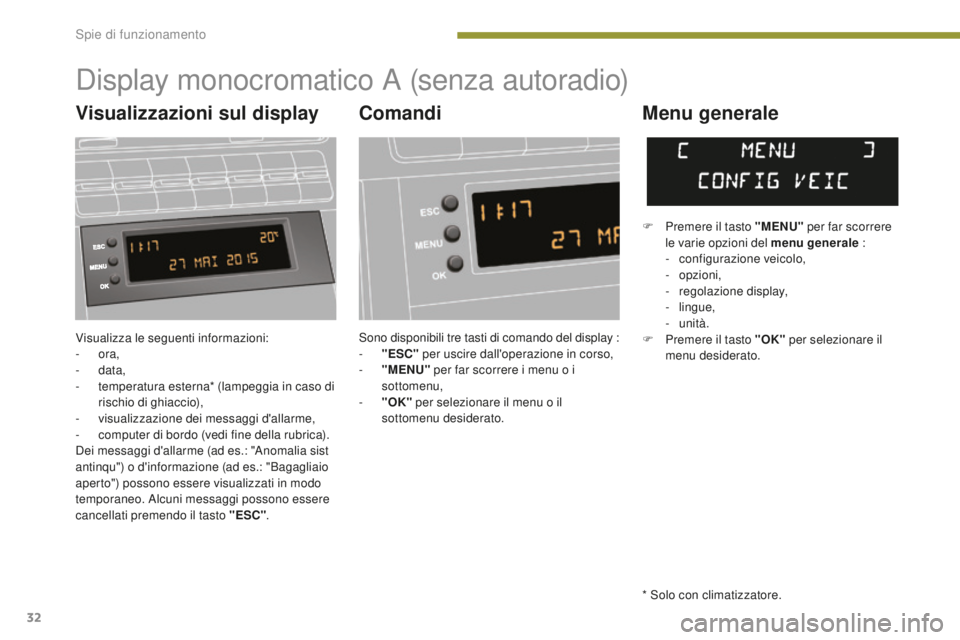 PEUGEOT 5008 2016  Manuale duso (in Italian) 32
5008_it_Chap01_controle-marche_ed01-2015
Visualizza le seguenti informazioni:
-  ora,
-
  data,
-
 
t
 emperatura esterna* (lampeggia in caso di 
rischio di ghiaccio),
-
 v

isualizzazione dei mess