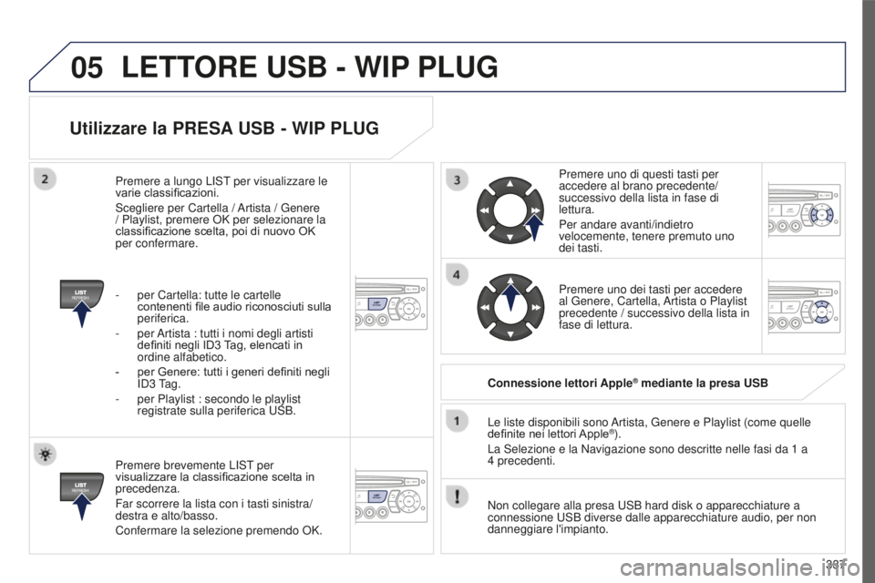 PEUGEOT 5008 2016  Manuale duso (in Italian) 05
337
5008_IT_CHAP12C_RD45_ED01_2015
Utilizzare la PRESA USB - WIP PLUG
Premere brevemente LIST per 
visualizzare la classificazione scelta in 
precedenza.
Far scorrere la lista con i tasti sinistra/