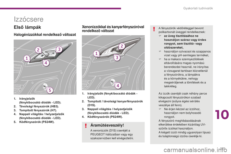 PEUGEOT 5008 2016 Kezelési útmutató (in Hungarian) 231
5008_hu_Chap10_infos-pratiques_ed01-2015
Izzócsere
Halogénizzókkal rendelkező változat
1. Irányjelzők
(f énykibocsátó diódák - LED).
2.
T
ávolsági fényszórók (HB3).
3.
T
o PEUGEOT 5008 2016 Kezelési útmutató (in Hungarian) 231
5008_hu_Chap10_infos-pratiques_ed01-2015
Izzócsere
Halogénizzókkal rendelkező változat
1. Irányjelzők
(f énykibocsátó diódák - LED).
2.
T
ávolsági fényszórók (HB3).
3.
T
o