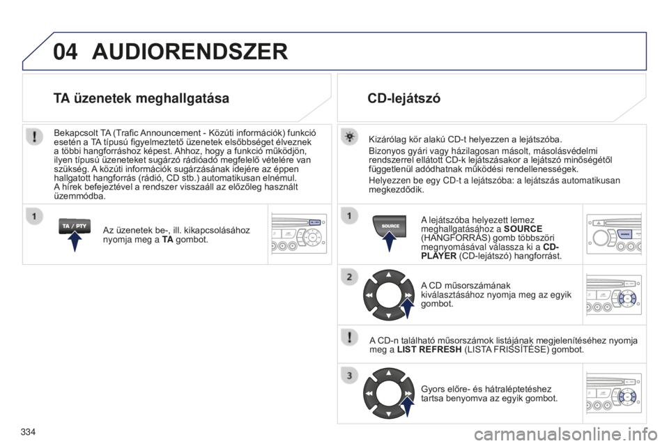 PEUGEOT 5008 2016  Kezelési útmutató (in Hungarian) 04
334
5008_HU_CHAP12C_RD45_ED01_2015
AUDIORENDSzER
Kizárólag kör alakú CD-t helyezzen a lejátszóba.
Bizonyos gyári vagy házilagosan másolt, másolásvédelmi\
 
rendszerrel ellátott CD-k le