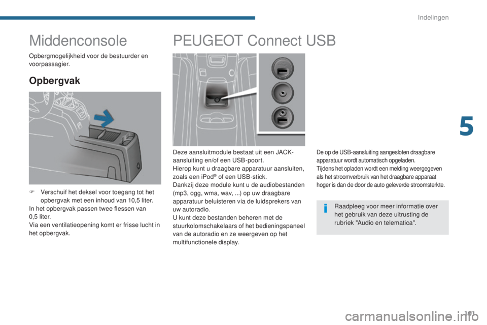 PEUGEOT 5008 2016 Instructieboekje (in Dutch) 101
5008_nl_Chap05_amenagements_ed01-2015
Middenconsole
Opbergvak
F Verschuif het deksel voor toegang tot het opbergvak met een inhoud van 10,5 liter.
In het opbergvak passen twee flessen van
0 , 5 PEUGEOT 5008 2016 Instructieboekje (in Dutch) 101
5008_nl_Chap05_amenagements_ed01-2015
Middenconsole
Opbergvak
F Verschuif het deksel voor toegang tot het opbergvak met een inhoud van 10,5 liter.
In het opbergvak passen twee flessen van
0 , 5