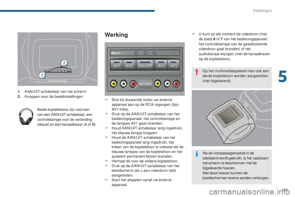 PEUGEOT 5008 2016 Instructieboekje (in Dutch) 105
5008_nl_Chap05_amenagements_ed01-2015
1. AAN/UIT-schakelaar van het scherm
2. Knoppen voor de beeldinstellingen
Beide koptelefoons zijn voorzien
van een A AN/UIT-schakelaar, een
controlelampje v PEUGEOT 5008 2016 Instructieboekje (in Dutch) 105
5008_nl_Chap05_amenagements_ed01-2015
1. AAN/UIT-schakelaar van het scherm
2. Knoppen voor de beeldinstellingen
Beide koptelefoons zijn voorzien
van een A AN/UIT-schakelaar, een
controlelampje v