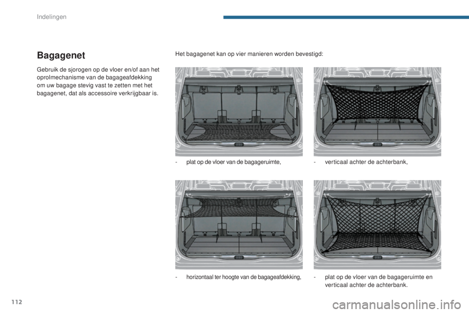 PEUGEOT 5008 2016 Instructieboekje (in Dutch) 112
5008_nl_Chap05_amenagements_ed01-2015
Bagagenet
Gebruik de sjorogen op de vloer en/of aan het
oprolmechanisme van de bagageafdekking
om uw bagage stevig vast te zetten met het
bagagenet, dat al PEUGEOT 5008 2016 Instructieboekje (in Dutch) 112
5008_nl_Chap05_amenagements_ed01-2015
Bagagenet
Gebruik de sjorogen op de vloer en/of aan het
oprolmechanisme van de bagageafdekking
om uw bagage stevig vast te zetten met het
bagagenet, dat al