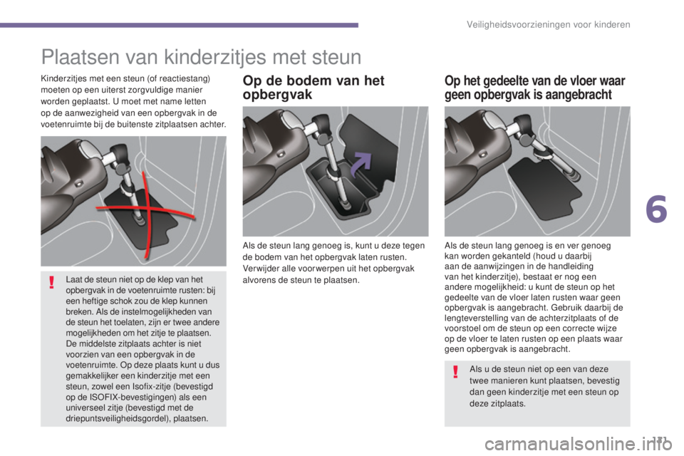 PEUGEOT 5008 2016  Instructieboekje (in Dutch) 121
5008_nl_Chap06_securite-enfants_ed01-2015
Plaatsen van kinderzitjes met steun
Als de steun lang genoeg is, kunt u deze tegen 
de bodem van het opbergvak laten rusten. 
Ver wijder alle voor werpen 