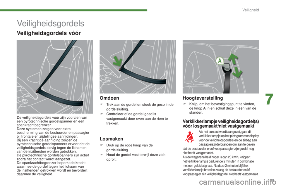 PEUGEOT 5008 2016 Instructieboekje (in Dutch) 139
5008_nl_Chap07_securite_ed01-2015
Verklikkerlampje veiligheidsgordel(s)
vóór losgemaakt/niet vastgemaakt
Omdoen
F Trek aan de gordel en steek de gesp in de gordelsluiting.
F
C
ontroleer of d PEUGEOT 5008 2016 Instructieboekje (in Dutch) 139
5008_nl_Chap07_securite_ed01-2015
Verklikkerlampje veiligheidsgordel(s)
vóór losgemaakt/niet vastgemaakt
Omdoen
F Trek aan de gordel en steek de gesp in de gordelsluiting.
F
C
ontroleer of d