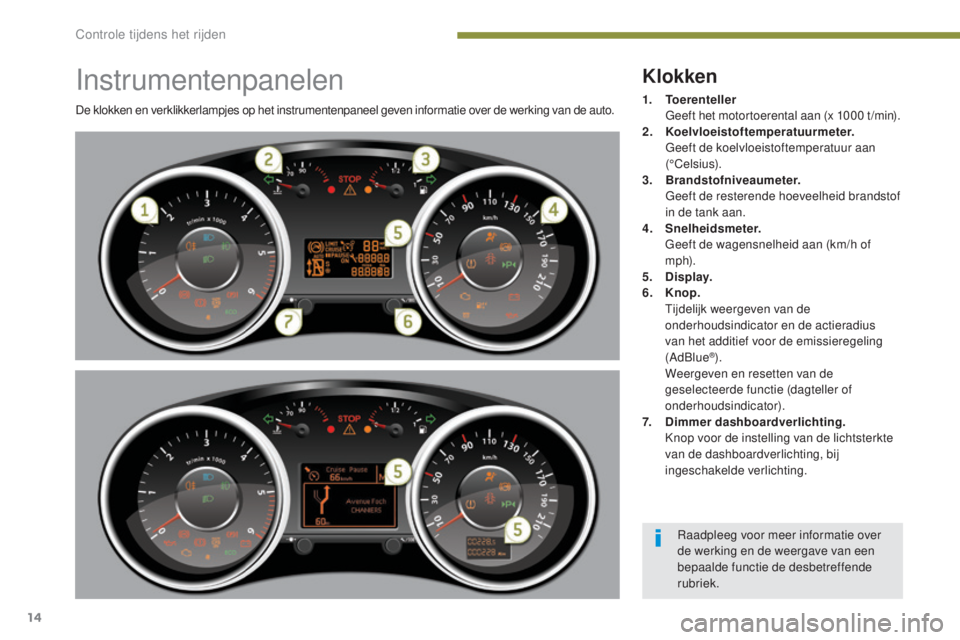 PEUGEOT 5008 2016  Instructieboekje (in Dutch) 14
5008_nl_Chap01_controle-marche_ed01-2015
Instrumentenpanelen
De klokken en verklikkerlampjes op het instrumentenpaneel geven informatie over de werking van de auto.
Klokken
1. Toerenteller  G
eeft 