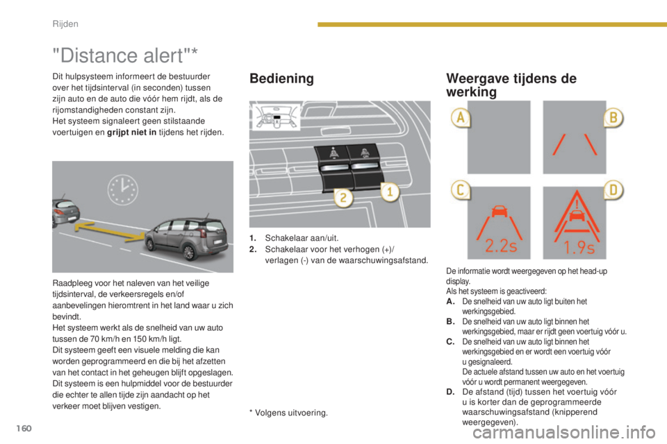 PEUGEOT 5008 2016 Instructieboekje (in Dutch) 160
5008_nl_Chap08_conduite_ed01-2015
"Distance alert"*
Raadpleeg voor het naleven van het veilige
tijdsinterval, de verkeersregels en/of
aanbevelingen hieromtrent in het land waar u zich
b PEUGEOT 5008 2016 Instructieboekje (in Dutch) 160
5008_nl_Chap08_conduite_ed01-2015
"Distance alert"*
Raadpleeg voor het naleven van het veilige
tijdsinterval, de verkeersregels en/of
aanbevelingen hieromtrent in het land waar u zich
b
