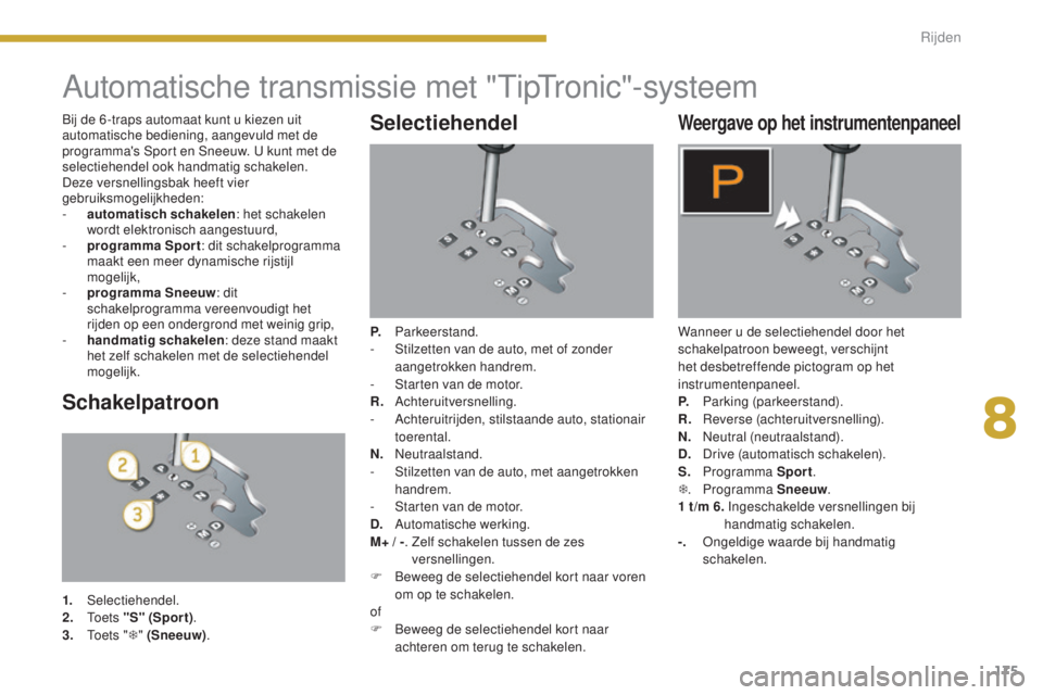 PEUGEOT 5008 2016 Instructieboekje (in Dutch) 175
5008_nl_Chap08_conduite_ed01-2015
Automatische transmissie met "TipTronic"-systeem
Selectiehendel
P. Parkeerstand.
-
S tilzetten van de auto, met of zonder
aangetrokken handrem.
-
S
PEUGEOT 5008 2016 Instructieboekje (in Dutch) 175
5008_nl_Chap08_conduite_ed01-2015
Automatische transmissie met "TipTronic"-systeem
Selectiehendel
P. Parkeerstand.
-
S tilzetten van de auto, met of zonder
aangetrokken handrem.
-
S