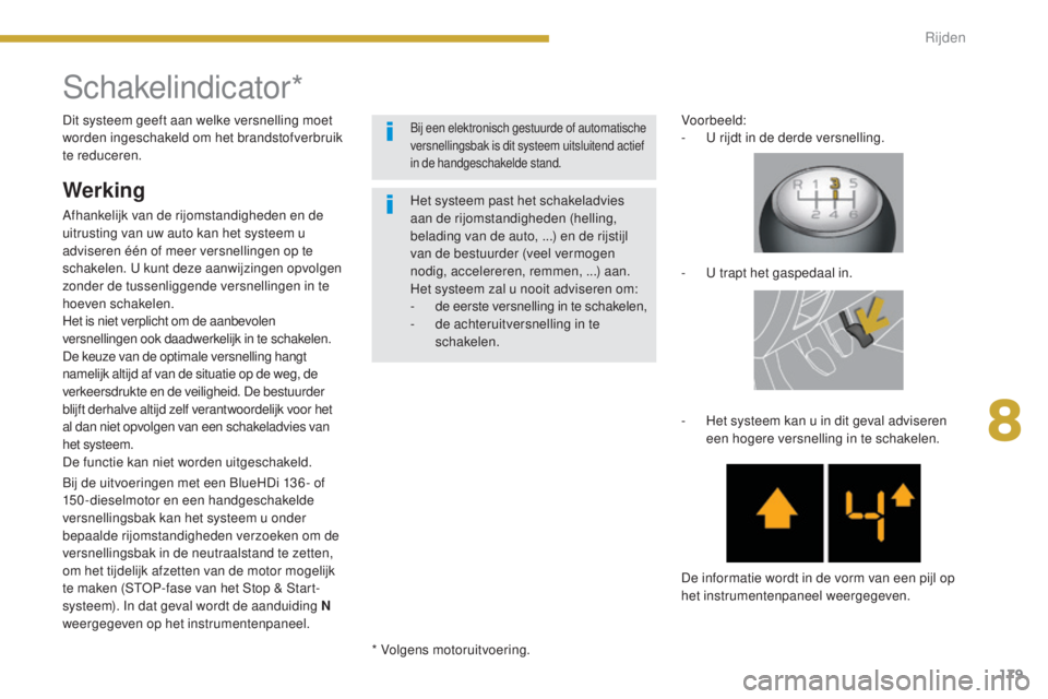 PEUGEOT 5008 2016 Instructieboekje (in Dutch) 179
5008_nl_Chap08_conduite_ed01-2015
Schakelindicator*
Werking
Afhankelijk van de rijomstandigheden en de
uitrusting van uw auto kan het systeem u
adviseren één of meer versnellingen op te
schak PEUGEOT 5008 2016 Instructieboekje (in Dutch) 179
5008_nl_Chap08_conduite_ed01-2015
Schakelindicator*
Werking
Afhankelijk van de rijomstandigheden en de
uitrusting van uw auto kan het systeem u
adviseren één of meer versnellingen op te
schak