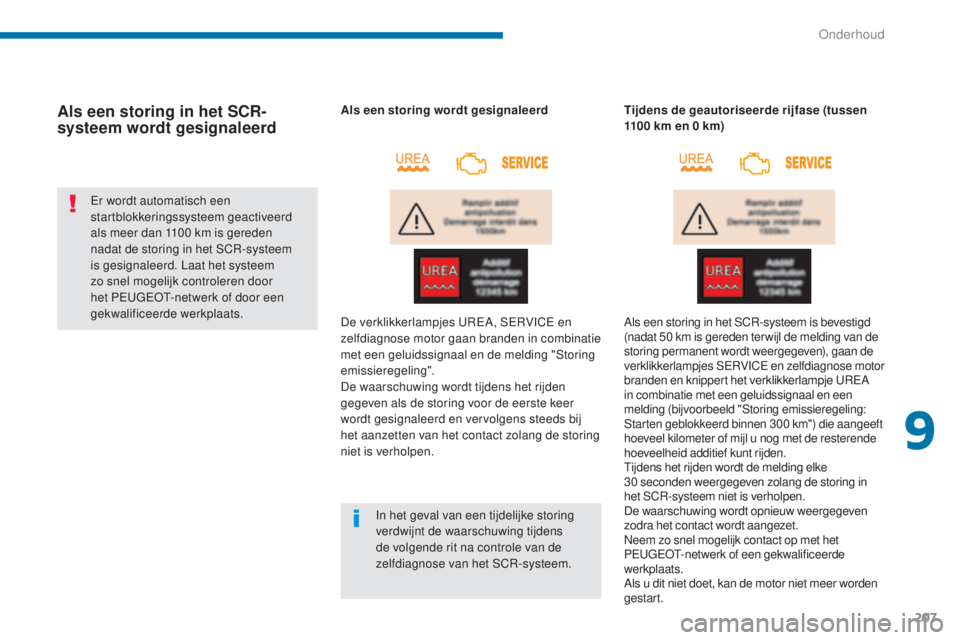 PEUGEOT 5008 2016 Instructieboekje (in Dutch) 207
5008_nl_Chap09_verifications_ed01-2015
Als een storing in het SCR-
systeem wordt gesignaleerd
Er wordt automatisch een
startblokkeringssysteem geactiveerd
als meer dan 1100 km is gereden
nadat PEUGEOT 5008 2016 Instructieboekje (in Dutch) 207
5008_nl_Chap09_verifications_ed01-2015
Als een storing in het SCR-
systeem wordt gesignaleerd
Er wordt automatisch een
startblokkeringssysteem geactiveerd
als meer dan 1100 km is gereden
nadat
