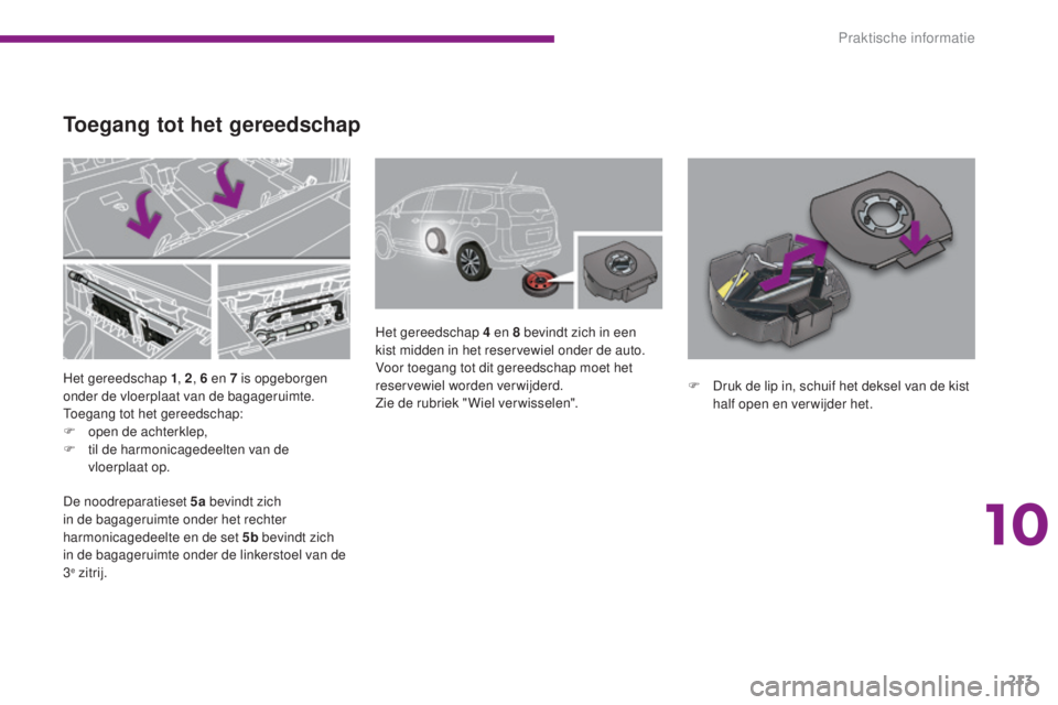 PEUGEOT 5008 2016 Instructieboekje (in Dutch) 213
5008_nl_Chap10_infos-pratiques_ed01-2015
Het gereedschap 1, 2, 6 en 7 is opgeborgen
onder de vloerplaat van de bagageruimte.
Toegang tot het gereedschap:
F
o
pen de achterklep,
F
t
il d PEUGEOT 5008 2016 Instructieboekje (in Dutch) 213
5008_nl_Chap10_infos-pratiques_ed01-2015
Het gereedschap 1, 2, 6 en 7 is opgeborgen
onder de vloerplaat van de bagageruimte.
Toegang tot het gereedschap:
F
o
pen de achterklep,
F
t
il d