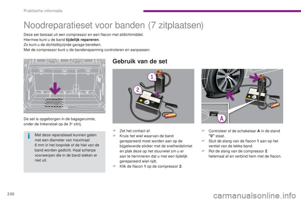 PEUGEOT 5008 2016  Instructieboekje (in Dutch) 220
5008_nl_Chap10_infos-pratiques_ed01-2015
Noodreparatieset voor banden
De set is opgeborgen in de bagageruimte, 
onder de linkerstoel op de 3e zitrij.
Gebruik van de set
(7 zitplaatsen)
Deze set be