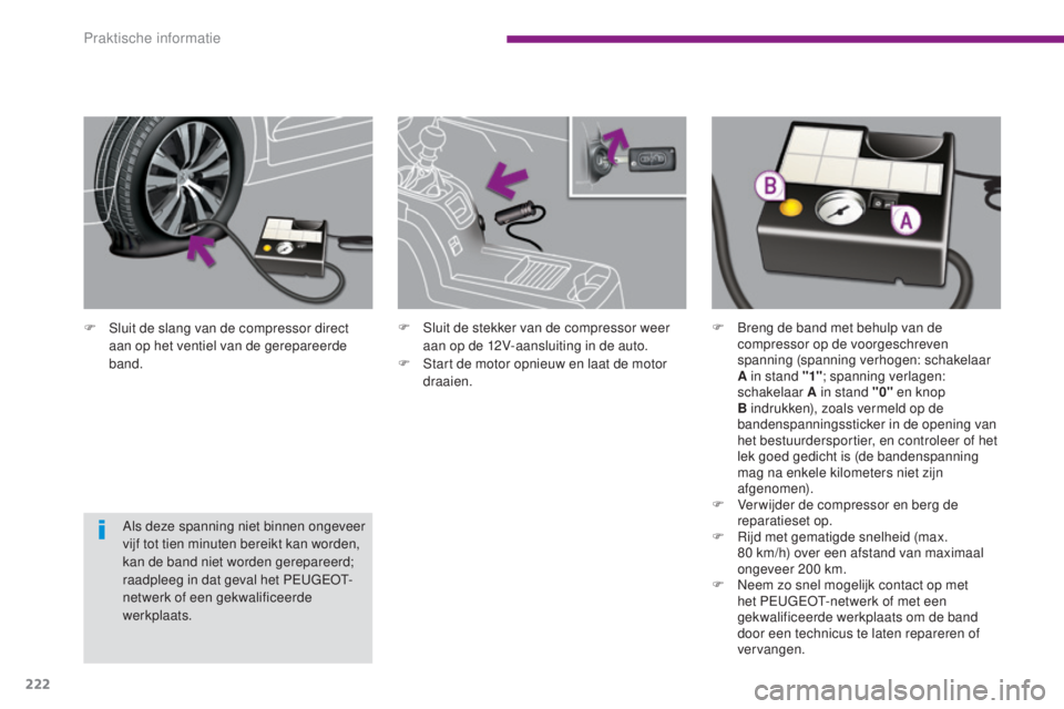 PEUGEOT 5008 2016  Instructieboekje (in Dutch) 222
5008_nl_Chap10_infos-pratiques_ed01-2015
F Sluit de slang van de compressor direct aan op het ventiel van de gerepareerde 
band.
Als deze spanning niet binnen ongeveer 
vijf tot tien minuten berei