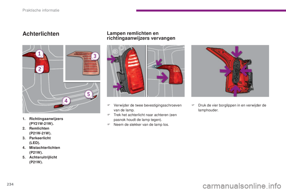 PEUGEOT 5008 2016  Instructieboekje (in Dutch) 234
5008_nl_Chap10_infos-pratiques_ed01-2015
Achterlichten
1. Richtingaanwijzers  (PY21W-21W ).
2.
 R

emlichten  
 
 
(
 P21W-21W ).
3.
 P

arkeerlicht  
 
 
(
 LED).
4.
 Mi

stachterlichten  
 
 
(
