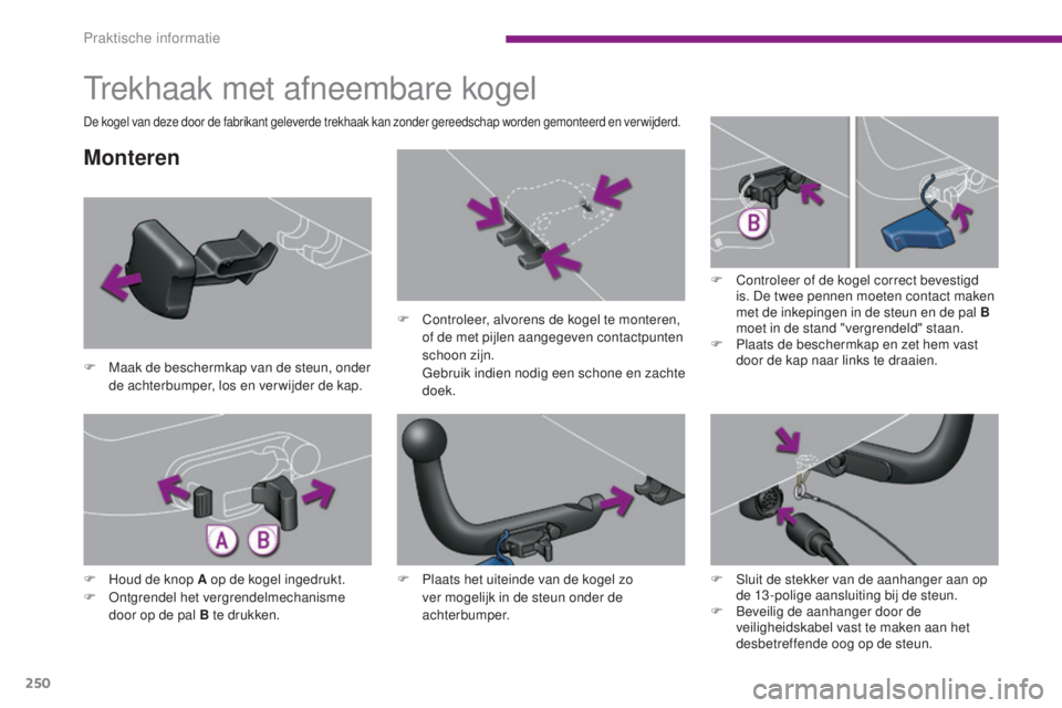 PEUGEOT 5008 2016 Instructieboekje (in Dutch) 250
5008_nl_Chap10_infos-pratiques_ed01-2015
Trekhaak met afneembare kogel
Monteren
F Maak de beschermkap van de steun, onder de achterbumper, los en ver wijder de kap. F
C
ontroleer, alvorens de k PEUGEOT 5008 2016 Instructieboekje (in Dutch) 250
5008_nl_Chap10_infos-pratiques_ed01-2015
Trekhaak met afneembare kogel
Monteren
F Maak de beschermkap van de steun, onder de achterbumper, los en ver wijder de kap. F
C
ontroleer, alvorens de k