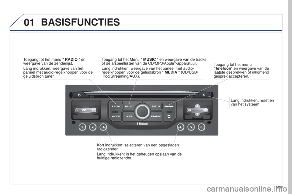 PEUGEOT 5008 2016 Instructieboekje (in Dutch) 01
275
5008_nl_Chap12b_RT6-2-8_ed01-2015
Lang indrukken: resetten
van het systeem.
Toegang tot het menu
"Telefoon" en weergave van de
laatste gesprekken of inkomend
gesprek accepteren.
BAS PEUGEOT 5008 2016 Instructieboekje (in Dutch) 01
275
5008_nl_Chap12b_RT6-2-8_ed01-2015
Lang indrukken: resetten
van het systeem.
Toegang tot het menu
"Telefoon" en weergave van de
laatste gesprekken of inkomend
gesprek accepteren.
BAS