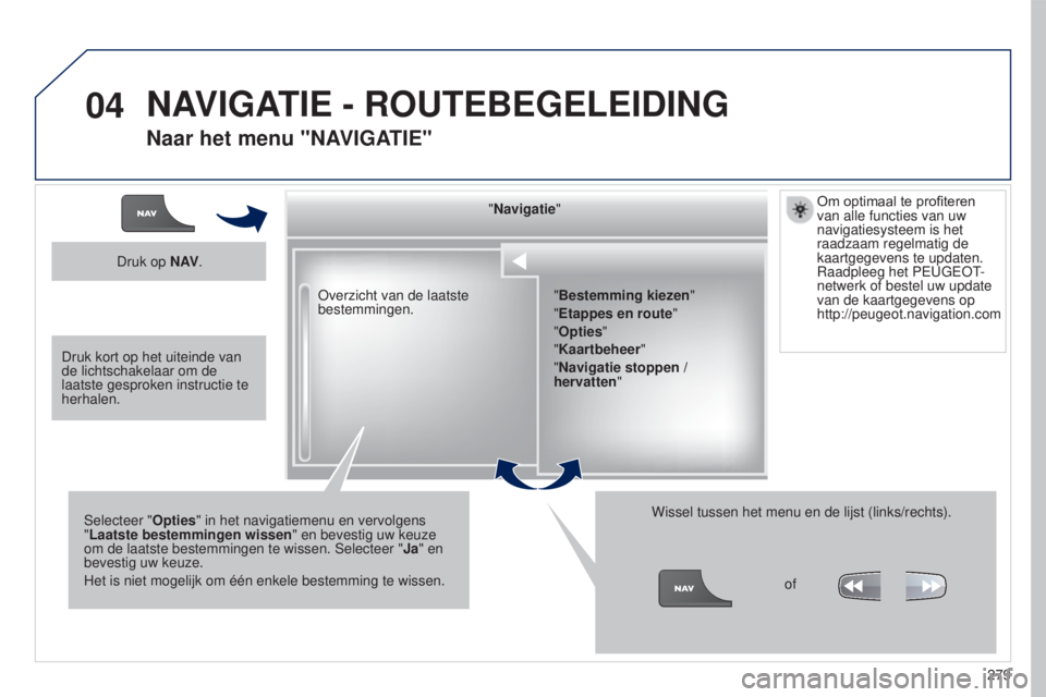 PEUGEOT 5008 2016  Instructieboekje (in Dutch) 04
279
5008_nl_Chap12b_RT6-2-8_ed01-2015
Overzicht van de laatste 
bestemmingen."Navigatie"
Selecteer "Opties" in het navigatiemenu en vervolgens 
"Laatste bestemmingen wissen"