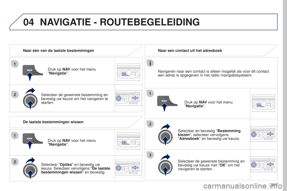 PEUGEOT 5008 2016  Instructieboekje (in Dutch) 04
281
5008_nl_Chap12b_RT6-2-8_ed01-2015
Naar één van de laatste bestemmingenDruk op N AV voor het menu  
"Navigatie".
Selecteer de gewenste bestemming en 
bevestig uw keuze om het navigeren