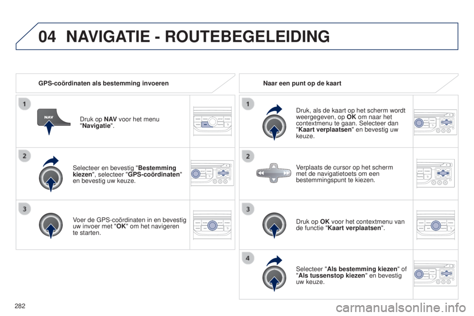 PEUGEOT 5008 2016  Instructieboekje (in Dutch) 04
282
5008_nl_Chap12b_RT6-2-8_ed01-2015
Selecteer en bevestig "Bestemming 
kiezen", selecteer "GPS-coördinaten" 
en bevestig uw keuze.
Voer de GPS-coördinaten in en bevestig 
uw inv