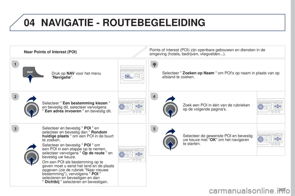 PEUGEOT 5008 2016  Instructieboekje (in Dutch) 04
283
5008_nl_Chap12b_RT6-2-8_ed01-2015
Naar Points of Interest (POI)Points of interest (POI) zijn openbare gebouwen en diensten in de 
omgeving (hotels, bedrijven, vliegvelden...).
Selecteer " E